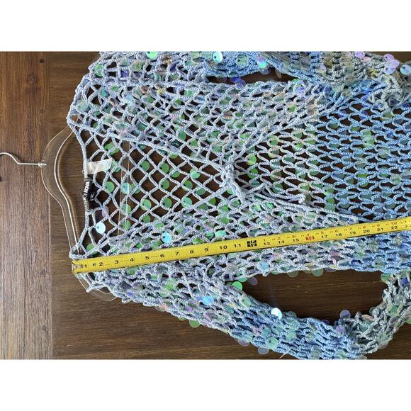 Blue Sequin Mesh Crochet Mermaid Cover Up Dress Maxi Womens XL Fashion Nova Swim - Picture 10 of 11